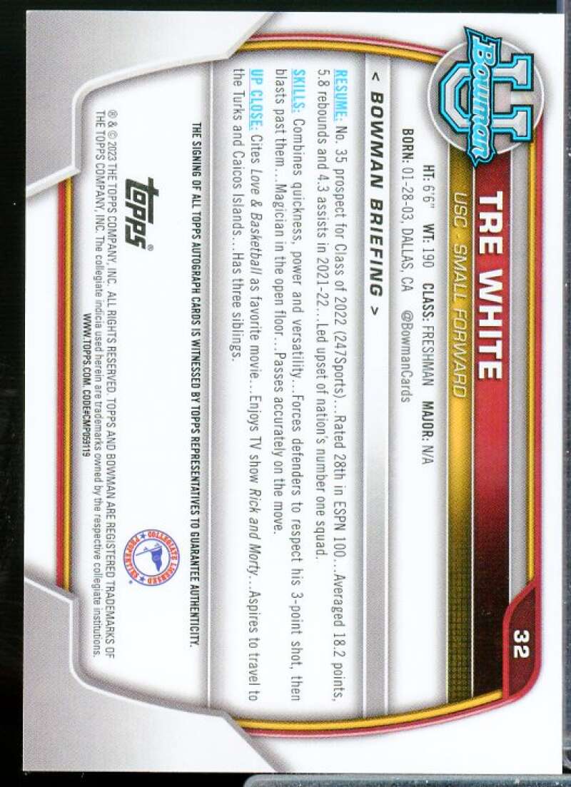 Tre White Rookie Card 2022-23 Bowman Chrome University Prospect Autographs #32  Image 2