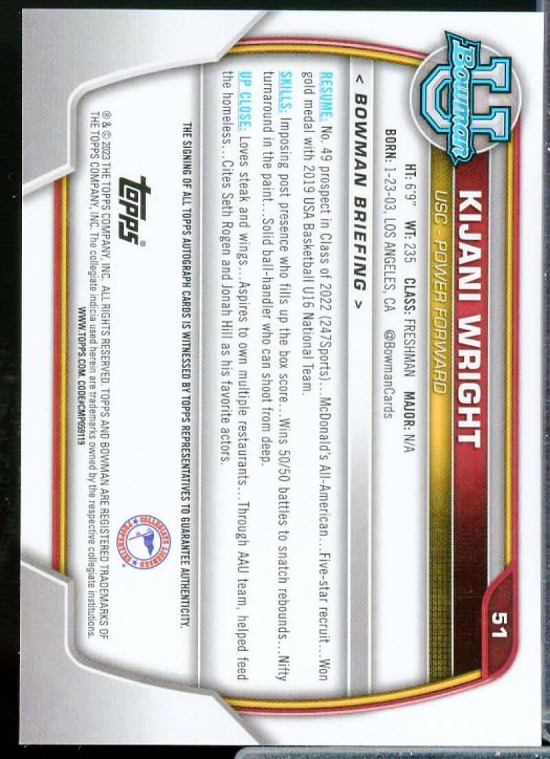 Kijani Wright Rookie 2022-23 Bowman Chrome University Prospect Autographs #51  Image 2