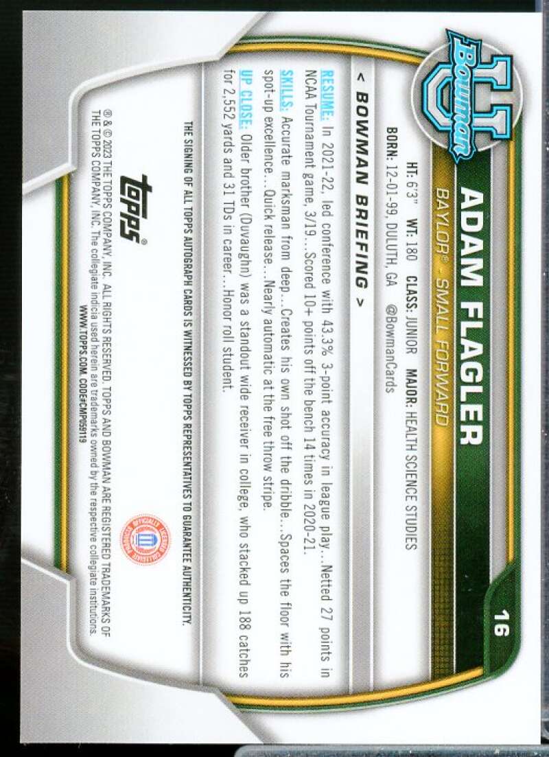 Adam Flagler Rookie 2022-23 Bowman Chrome University Prospect Autographs #16  Image 2