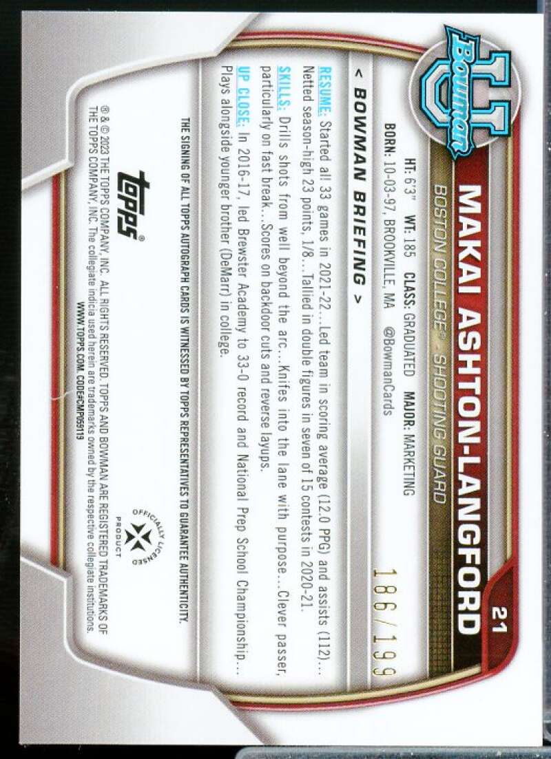 Makai Ashton-Langford 2022 Bowman Chrome University Prospect AU RayWave Ref #21  Image 2