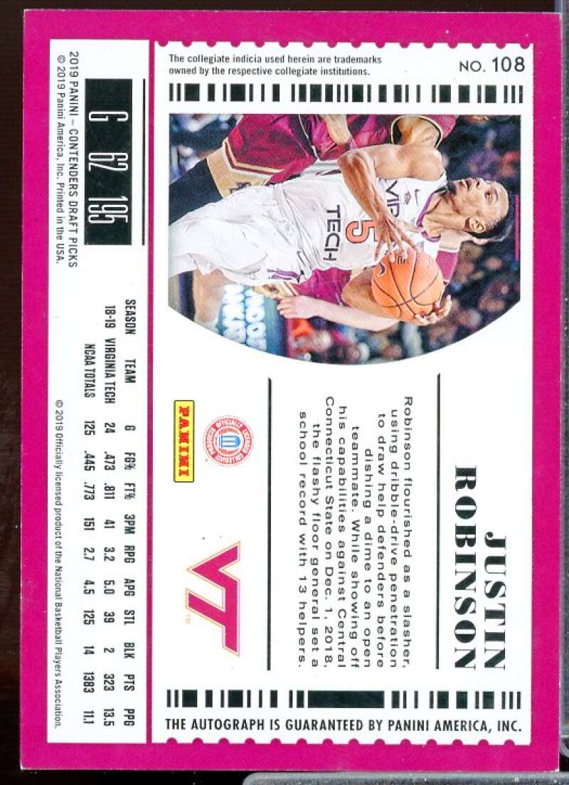 Justin Robinson AU Rookie Card 2019-20 Panini Contenders Draft Picks #108  Image 2