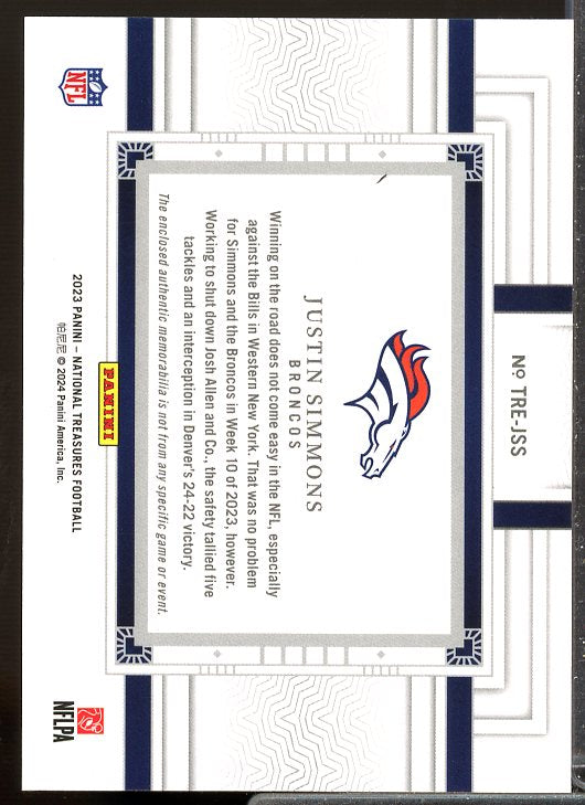 Justin Simmons Card 2023 Panini National Treasures Tremendous Treasures #31  Image 2