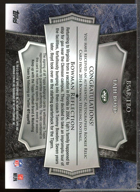 Tajh Boyd Rookie Card 2014 Bowman Sterling Rookie Autograph Relics #BSARTBO  Image 2