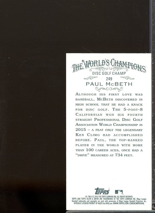 Paul McBeth Rookie Card 2016 Topps Allen and Ginter Mini #249  Image 2