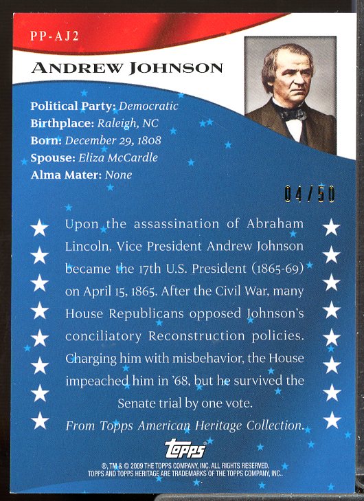 Andrew Johnson 2009 Topps American Heritage American Presidents Patches #AJ2  Image 2