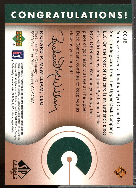 Jonathon Byrd Card 2003 SP Authentic Course Classics Shirt #JB  Image 2