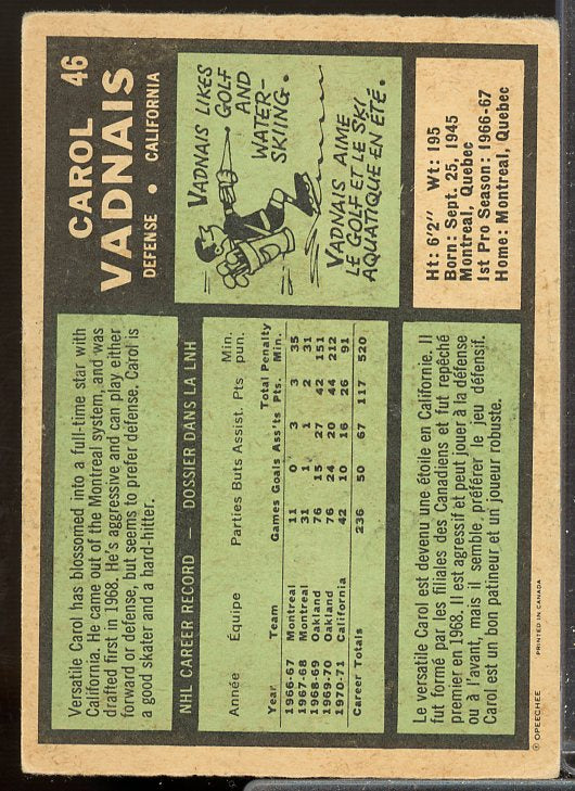 Carol Vadnais Card 1971-72 O-Pee-Chee #46  Image 2