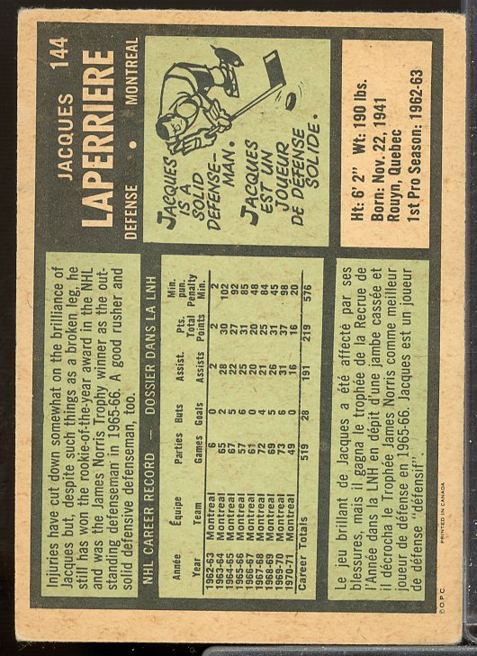 Jacques Laperriere Card 1971-72 O-Pee-Chee #144  Image 2