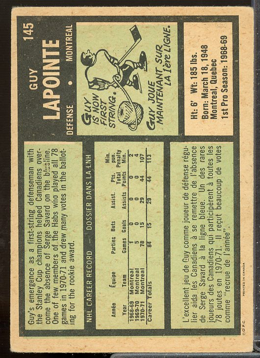 Guy Lapointe Card 1971-72 O-Pee-Chee #145  Image 2