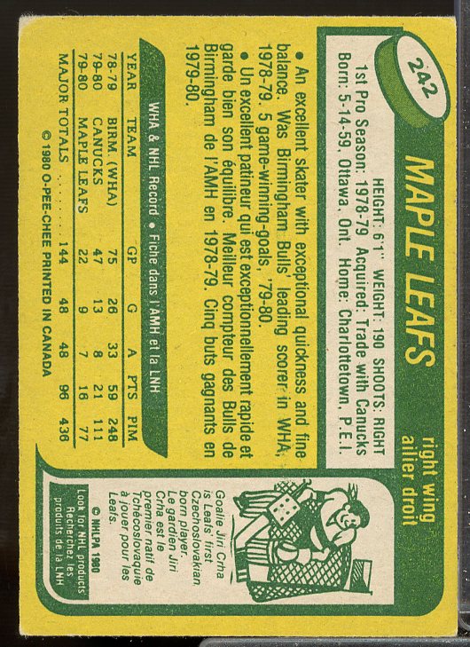 Rick Vaive Rookie Card 1980-81 O-Pee-Chee #242  Image 2