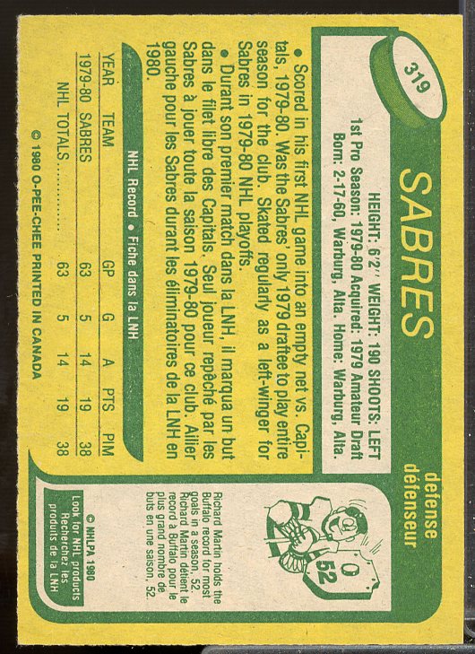 Lindy Ruff Rookie Card 1980-81 O-Pee-Chee #319  Image 2