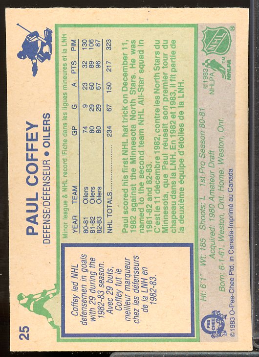 Paul Coffey Card 1983-84 O-Pee-Chee #25  Image 2