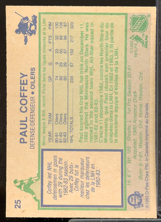 Paul Coffey Card 1983-84 O-Pee-Chee #25  Image 2