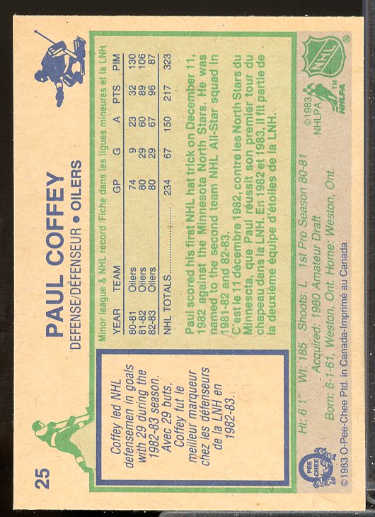 Paul Coffey Card 1983-84 O-Pee-Chee #25  Image 2