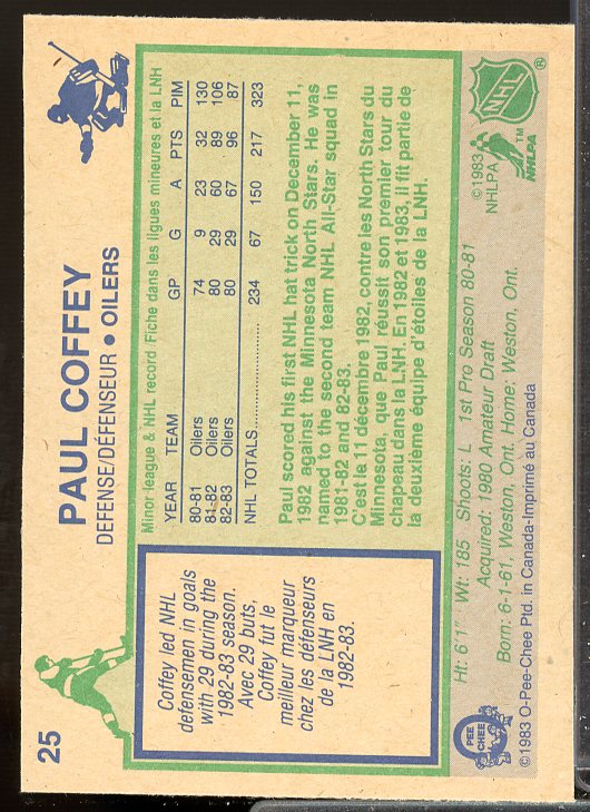 Paul Coffey Card 1983-84 O-Pee-Chee #25  Image 2
