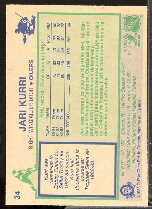 Jari Kurri Card 1983-84 O-Pee-Chee #34  Image 2