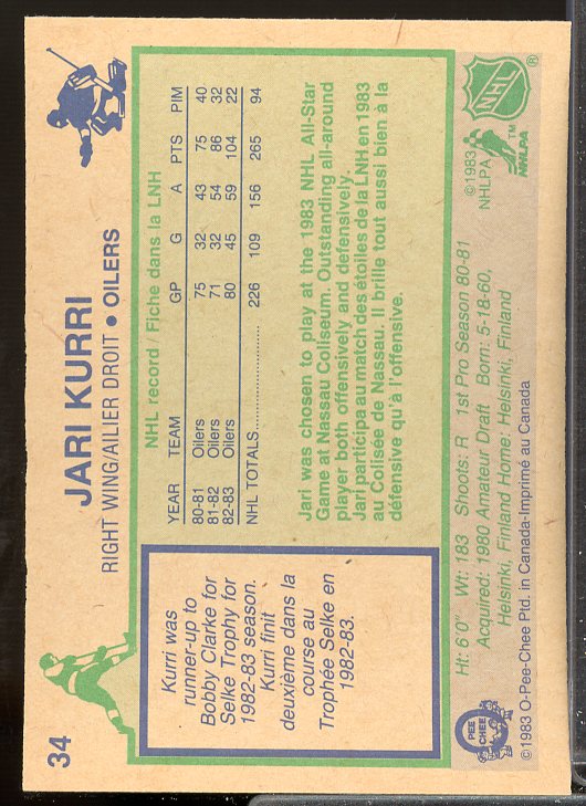 Jari Kurri Card 1983-84 O-Pee-Chee #34  Image 2