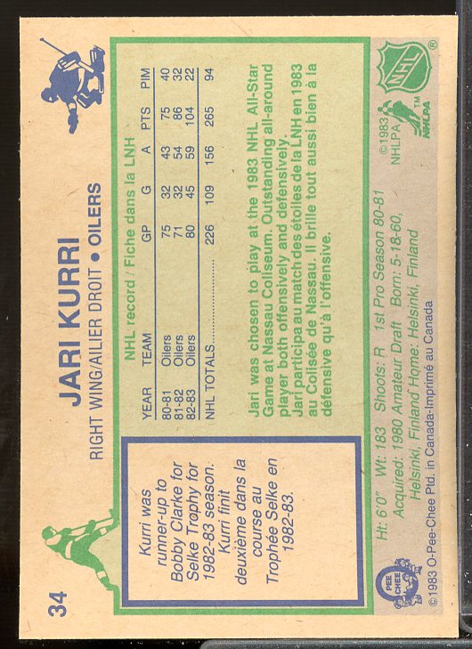 Jari Kurri Card 1983-84 O-Pee-Chee #34  Image 2
