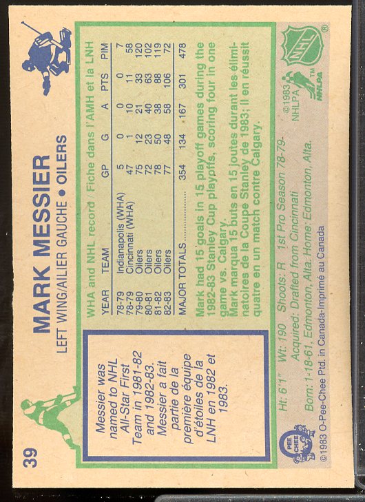 Mark Messier Card 1983-84 O-Pee-Chee #39  Image 2