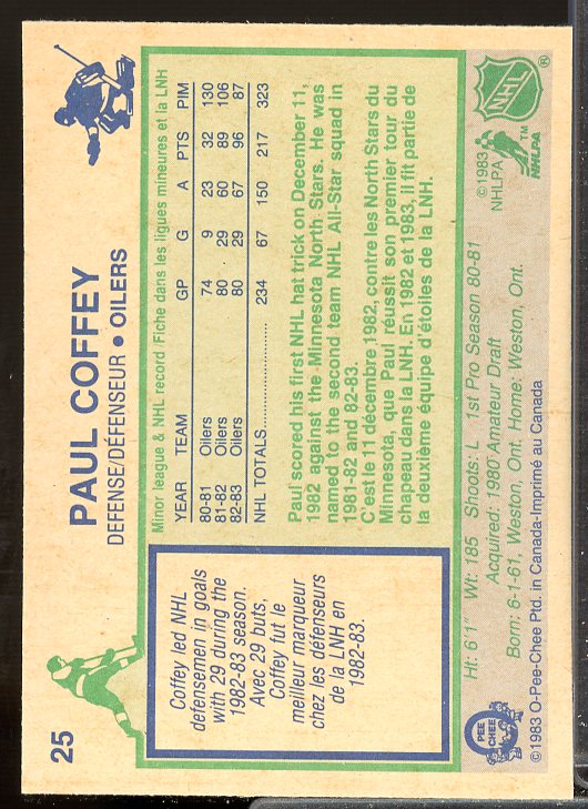 Paul Coffey Card 1983-84 O-Pee-Chee #25  Image 2