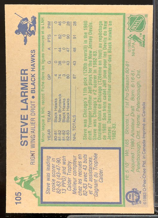 Steve Larmer UER Rookie Card 1983-84 O-Pee-Chee #105  Image 2