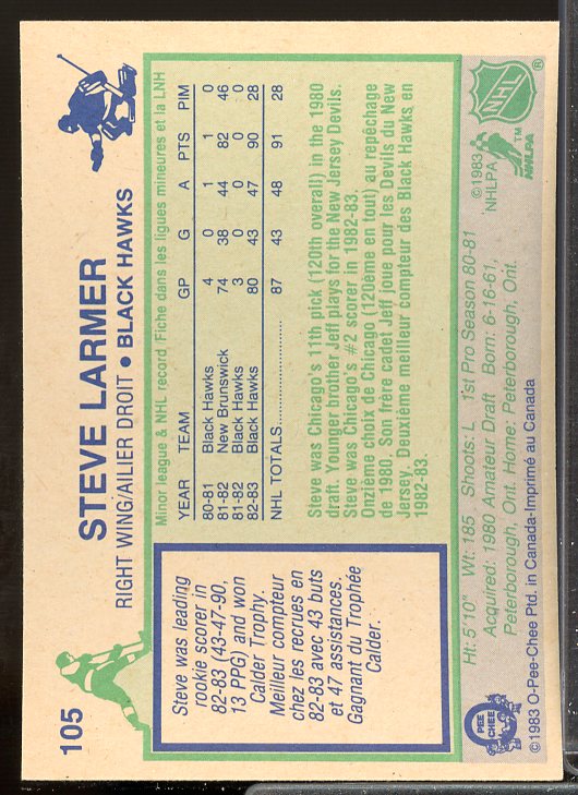 Steve Larmer UER Rookie Card 1983-84 O-Pee-Chee #105  Image 2