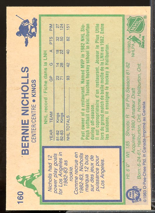 Bernie Nicholls Rookie Card 1983-84 O-Pee-Chee #160  Image 2