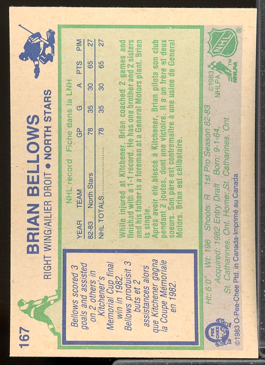 Brian Bellows Rookie Card 1983-84 O-Pee-Chee #167  Image 2