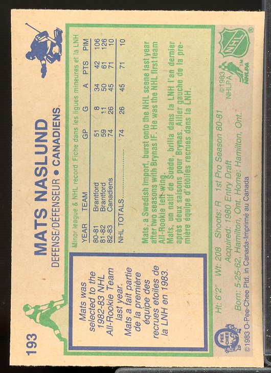 Mats Naslund UER Rookie Card 1983-84 O-Pee-Chee #193  Image 2