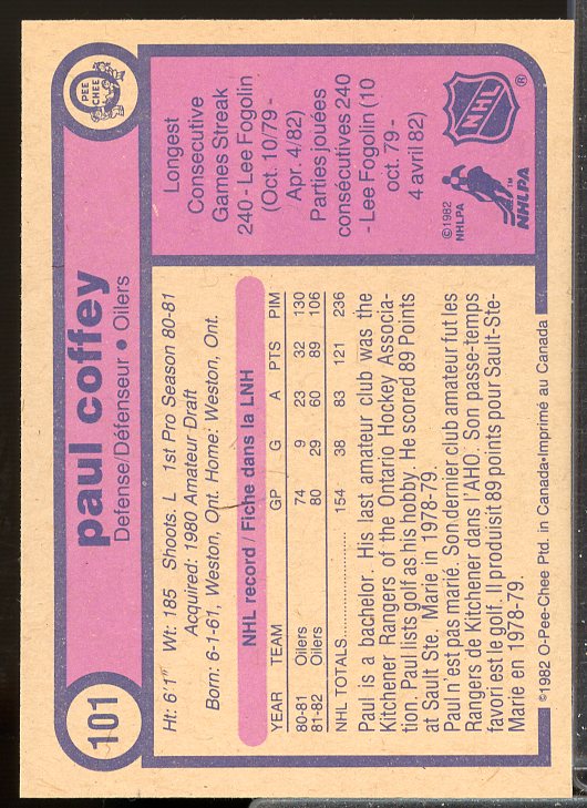 Paul Coffey Card 1982-83 O-Pee-Chee #101  Image 2