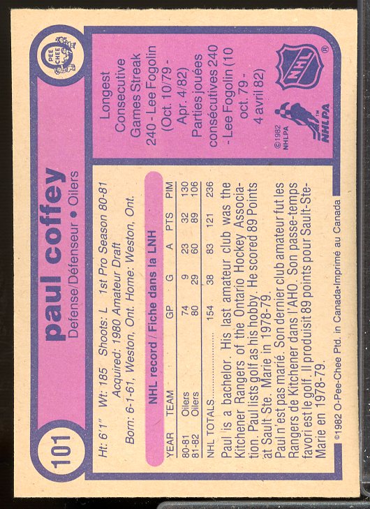 Paul Coffey Card 1982-83 O-Pee-Chee #101  Image 2