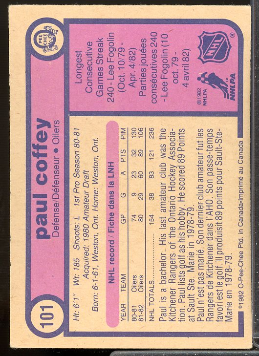 Paul Coffey Card 1982-83 O-Pee-Chee #101  Image 2