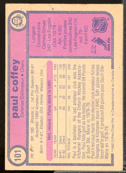 Paul Coffey Card 1982-83 O-Pee-Chee #101  Image 2