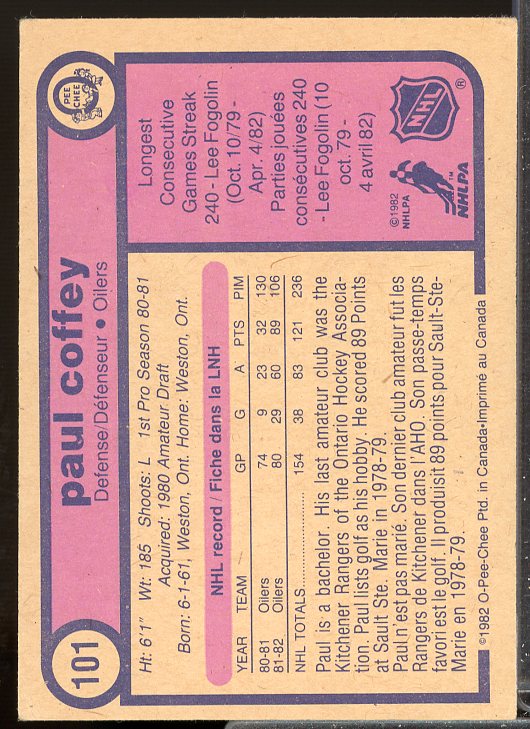 Paul Coffey Card 1982-83 O-Pee-Chee #101  Image 2