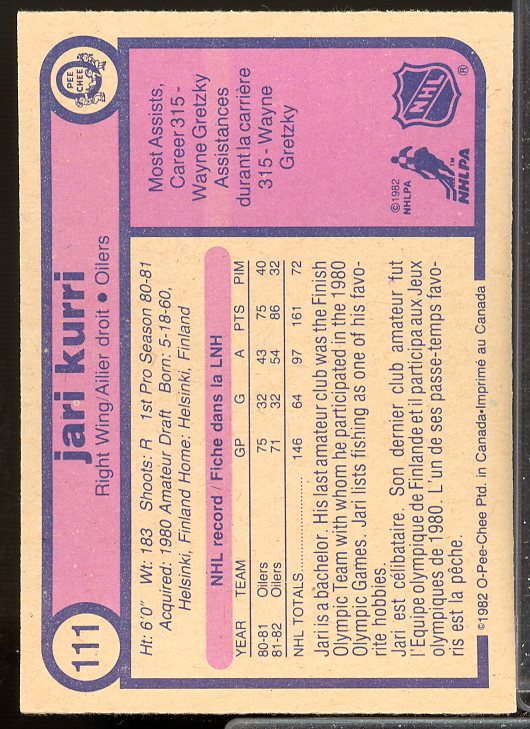 Jari Kurri Card 1982-83 O-Pee-Chee #111  Image 2