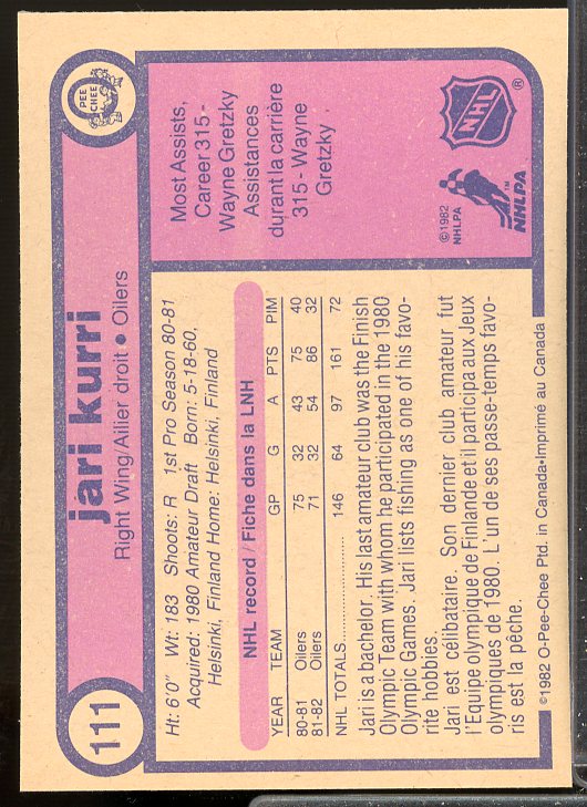 Jari Kurri Card 1982-83 O-Pee-Chee #111  Image 2