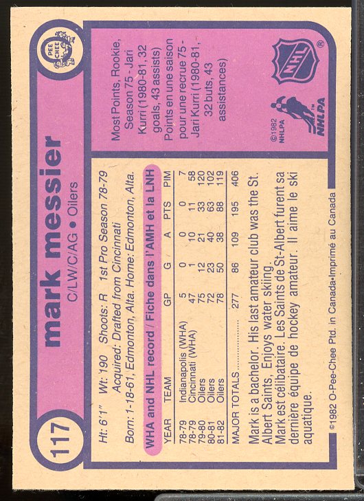 Mark Messier Card 1982-83 O-Pee-Chee #117  Image 2