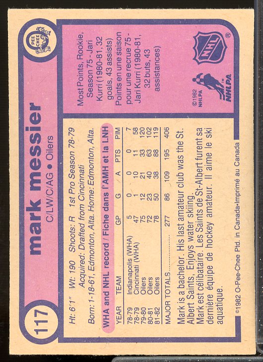 Mark Messier Card 1982-83 O-Pee-Chee #117  Image 2