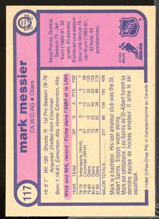 Mark Messier Card 1982-83 O-Pee-Chee #117  Image 2