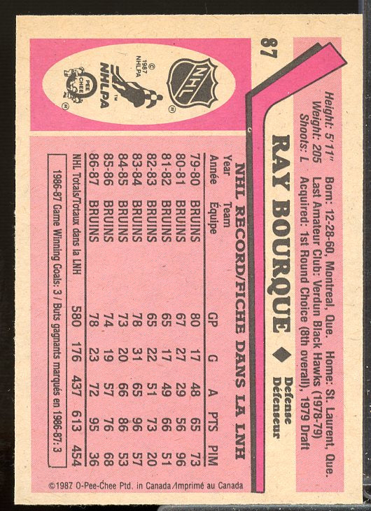 Ray Bourque Card 1987-88 O-Pee-Chee #87  Image 2