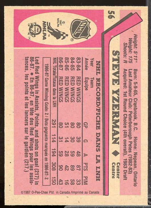 Steve Yzerman Card 1987-88 O-Pee-Chee #56  Image 2
