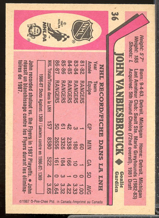 John Vanbiesbrouck Card 1987-88 O-Pee-Chee #36  Image 2