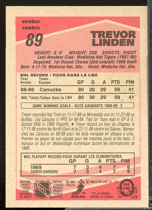 Trevor Linden Rookie Card 1989-90 O-Pee-Chee #89  Image 2