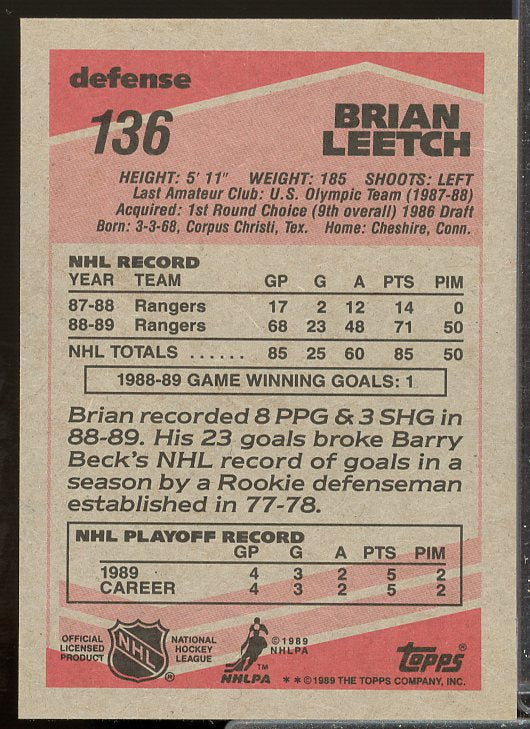 Brian Leetch Rookie Card 1989-90 O-Pee-Chee #136  Image 2