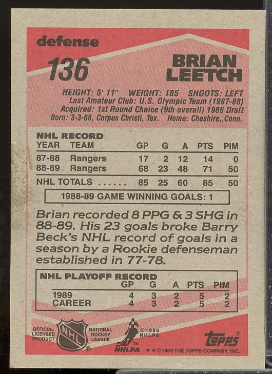 Brian Leetch Rookie Card 1989-90 O-Pee-Chee #136  Image 2