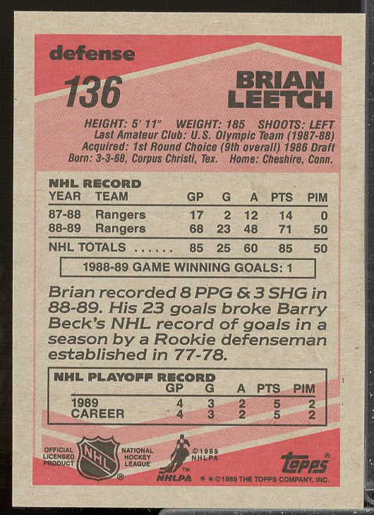 Brian Leetch Rookie Card 1989-90 O-Pee-Chee #136  Image 2