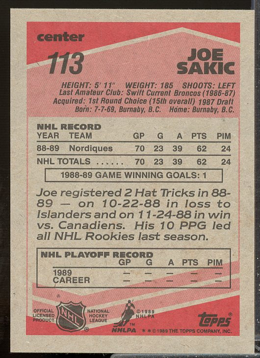 Joe Sakic Rookie Card 1989-90 Topps #113  Image 2