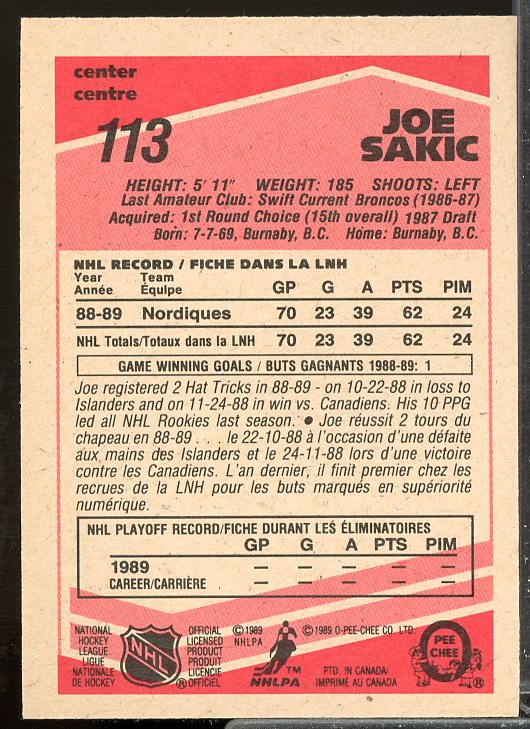 Joe Sakic Rookie Card 1989-90 O-Pee-Chee #113  Image 2