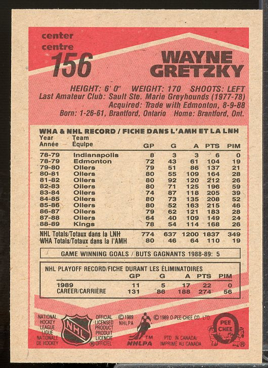 Wayne Gretzky Card 1989-90 O-Pee-Chee #156  Image 2