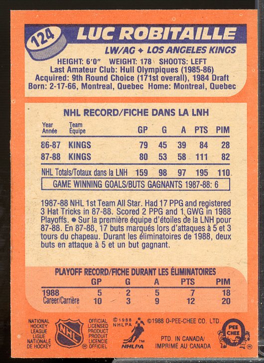 Luc Robitaille Card 1988-89 O-Pee-Chee #124  Image 2